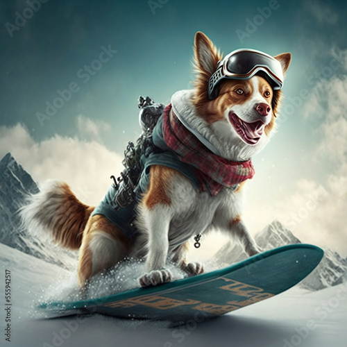 generative AI,  dog on a snowboard, new years card, christmas, christmas card, new year, new years card, fun, dog, animal, pet, puppy, cute, bernard, canine, white, spaniel, brown, cavalier, christmas