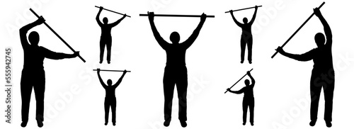 An older woman performs physical exercises with a stick in her hands. Sports for pensioners. A set of characters for motion animation. Front view, full face. Seven black silhouettes isolated on white
