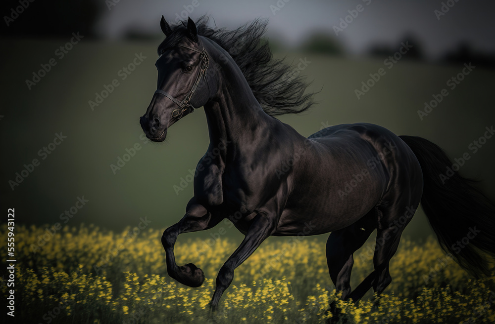 black horse running,horse on the meadow