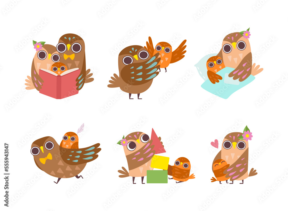 Happy Owl Family with Father, Mother and Baby Vector Set Happy Owl Family with Father, Mother and Baby Vector Set