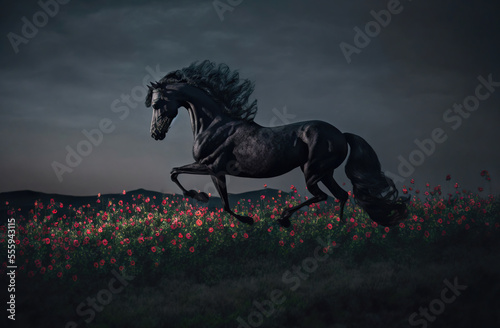 black horse running horse on the meadow