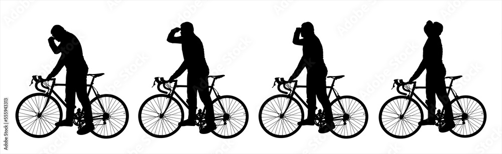 Obraz premium A man stands next to a bicycle, holding the bicycle by the handlebars. The man raised his hand to his face and peers into the distance. Side view, profile. Four black male silhouette isolated on white