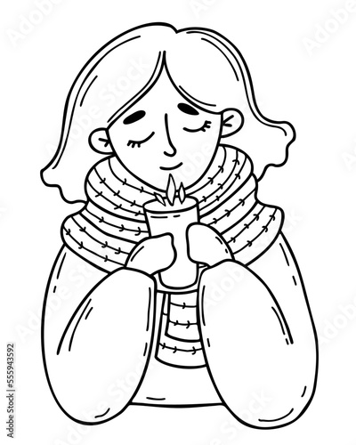 Cute girl wrapped in scarf is warming herself and enjoying hot drink. Vector illustration. Linear hand drawing.