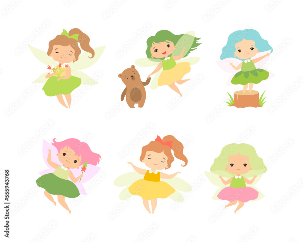 Little Fairy or Pixie with Wings as Woodland Nymph Vector Set