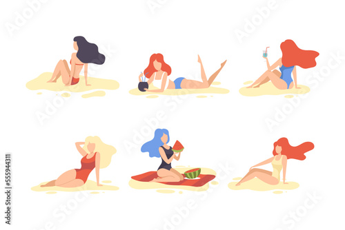 Young Woman at Sea Shore Sunbathing and Enjoying Summer Vector Set