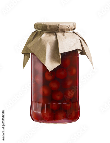 Cherry compote in a glass jar. Isolated on a transparent background