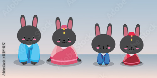 black rabbits wearing hanbok, Korean traditional holiday New Year's Day photo