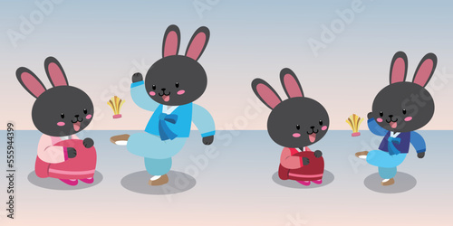 Jegichagi is a traditional Korean game. A black rabbit wearing a hanbok kicks a jegi.