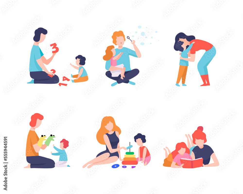 Man and Woman Parent Bringing up Kids Playing and Educating Them Vector Set