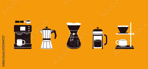 Coffee making types. Different methods cartoon doodle style for coffee shop, cafe menu design. Vector set