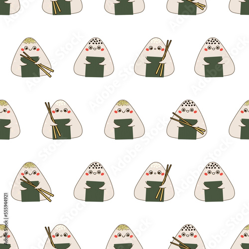 Seamless pattern with onigiri characters with chopsticks in hands and without. Japanese rice balls with different emotions and spices on heads wrapped in nori. Vector illustration
