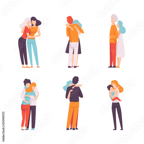 People Characters Embracing Each Other Soothing and Supporting Vector Illustration Set