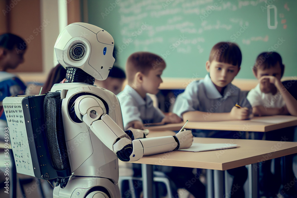 Humanoid robot pupil receiving education in a school classroom with a ...