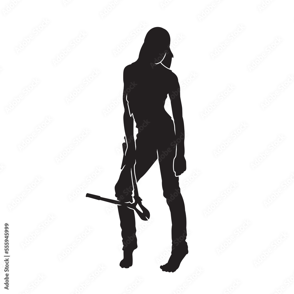 Female construction worker vector silhouette. wearing helmet wear pack and tools. on white. Female construction worker vector silhouette. wearing helmet wear pack and tools. on white.