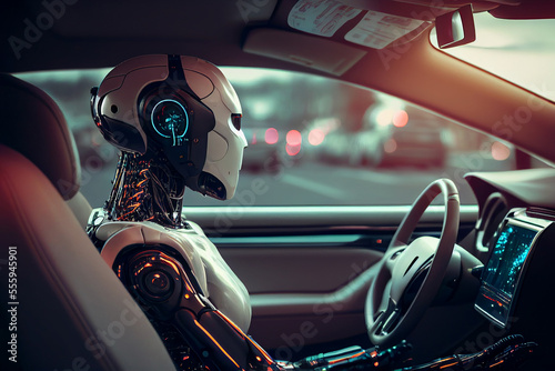 Robot steering an autonomous self driving car also known as driver-less or robo car, showing science and artificial intelligence technology, computer Generative AI stock illustration image © Tony Baggett