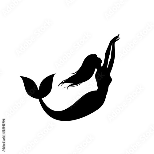 Black vector silhouette of a swimming mermaid on a white background