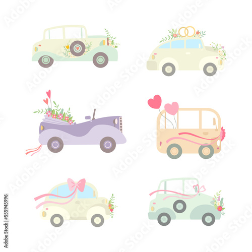Vintage Car Decorated with Flowers and Ribbon as Wedding Retro Vehicle Vector Set