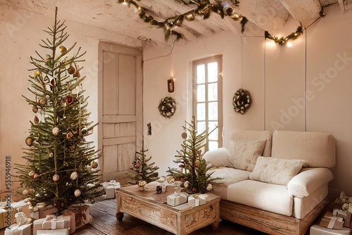 Cozy vintage Christmas holdiay decorated room with Christmas tree  fireplace  candles  toys  carpet and armchair.