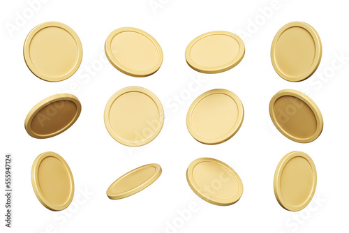 Set of isolated golden coins with different rotations and points of view. Suitable for creating compositions with moving tokens. High quality 3D rendering.