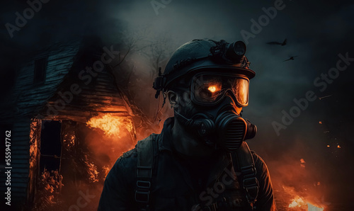 Post Apocalyptic scene Featuring military gas mask wearing apocalypse survivor | Gas Mask | Horror | Fire 
