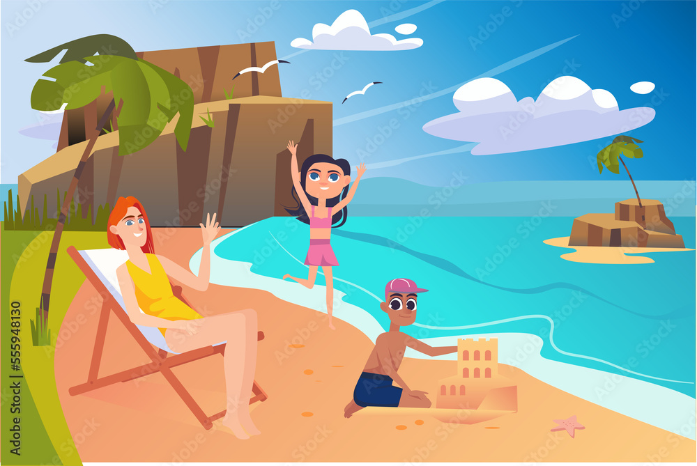 Beach concept with people scene in the background cartoon design. Mom is sunbathing on the beach while the kids are making sand castles.