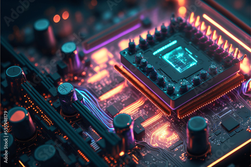 Bright neon lighting illuminates a complex none branded computer motherboard in this high-tech image. Perfect for any tech or computer-themed project. photo