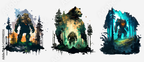 Wildlife. Watercolor vector background with bear and beast