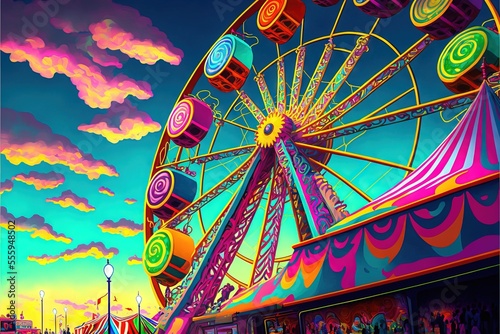  a carnival ride with a ferris wheel and a carnival tent in the background at sunset or dawn with clouds. Generative AI