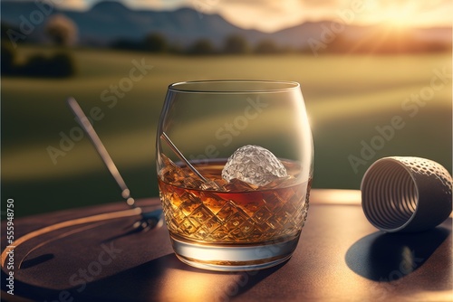  a glass of whiskey with ice on a table with a view of a golf course in the background and a golf ball on the table. Generative AI