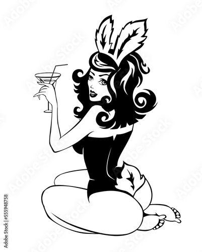 Sexy bunny girl with martini glass kneels. Vector in pinup style