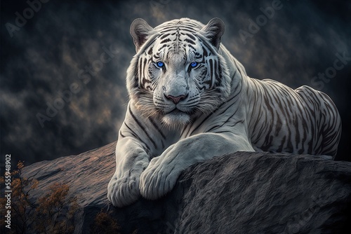 Fototapeta a white tiger with blue eyes laying on a rock in the dark night sky with a dark background and a dark sky