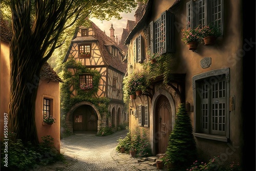 Fototapeta Naklejka Na Ścianę i Meble -   a painting of a street with a house and trees in the background and a tree in the foreground. Generative AI