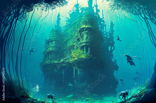 illustration of underwater sunken ancient city. Ruins of an ancient civilization, treasures of atlantis, diving, catacombs, ocean, sea, bay, gate to the city. 3d rendering artwork
