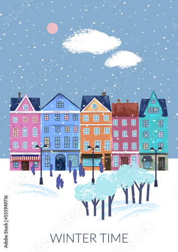 Winter landscape with houses, snow, trees, clouds