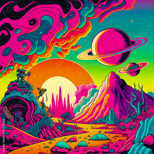Hand drawn comic illustration of Live on Another Planet  Retro and 90s style  Cosmos  Pop Art  Abstract  Crazy  and Psychedelic Background