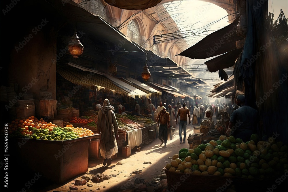 a painting of a market with people walking around it and fruit on ...