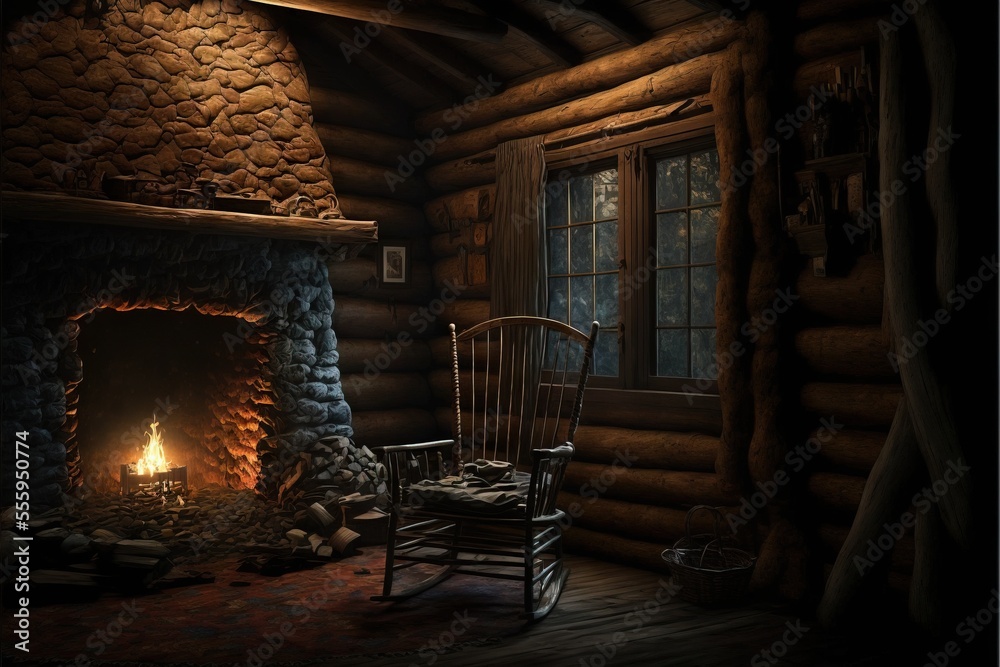 a chair sitting in front of a fire place in a log cabin with a ...