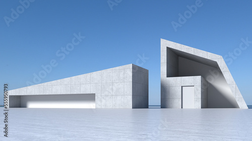 Modern concrete buildings, floors, and walls are concrete structures. There is an empty space to place products. Industrial space concept and building structure. 3D rendering.