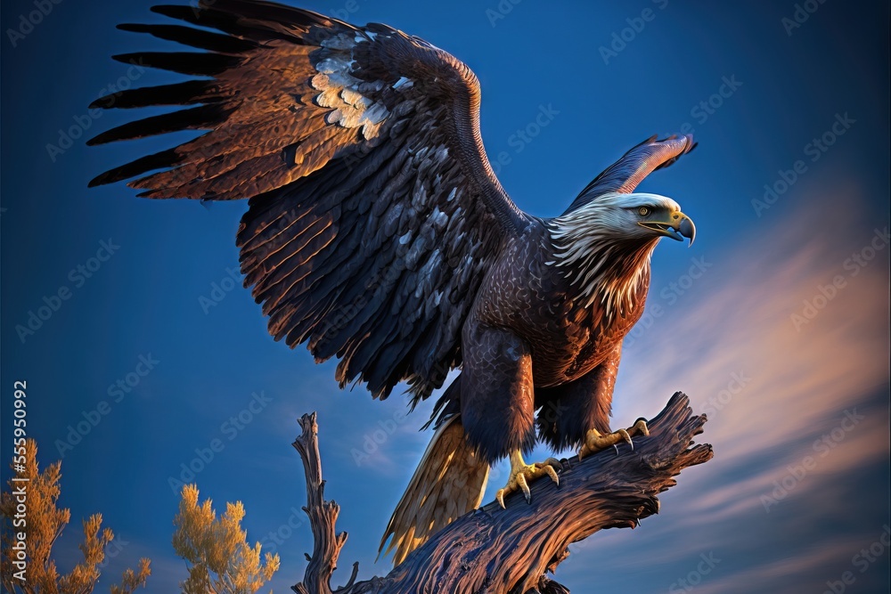 Illustrazione Stock a large eagle sitting on top of a tree branch with its  wings spread out and wings spread out. Generative AI | Adobe Stock