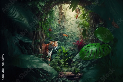  a tiger in a jungle with a bird flying over it's head and a jungle background with a jungle scene. Generative AI photo