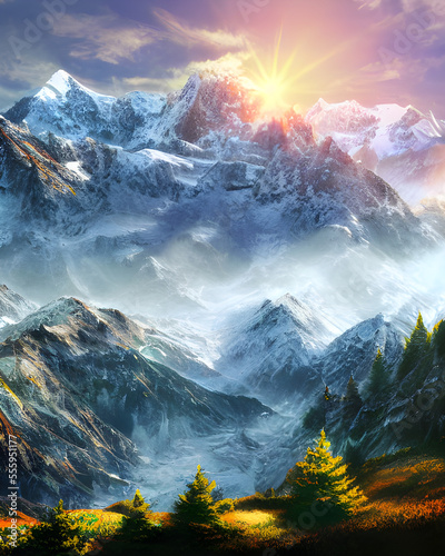 Sunny Magical Fantasy Mountain Landscape created with Generative AI technology