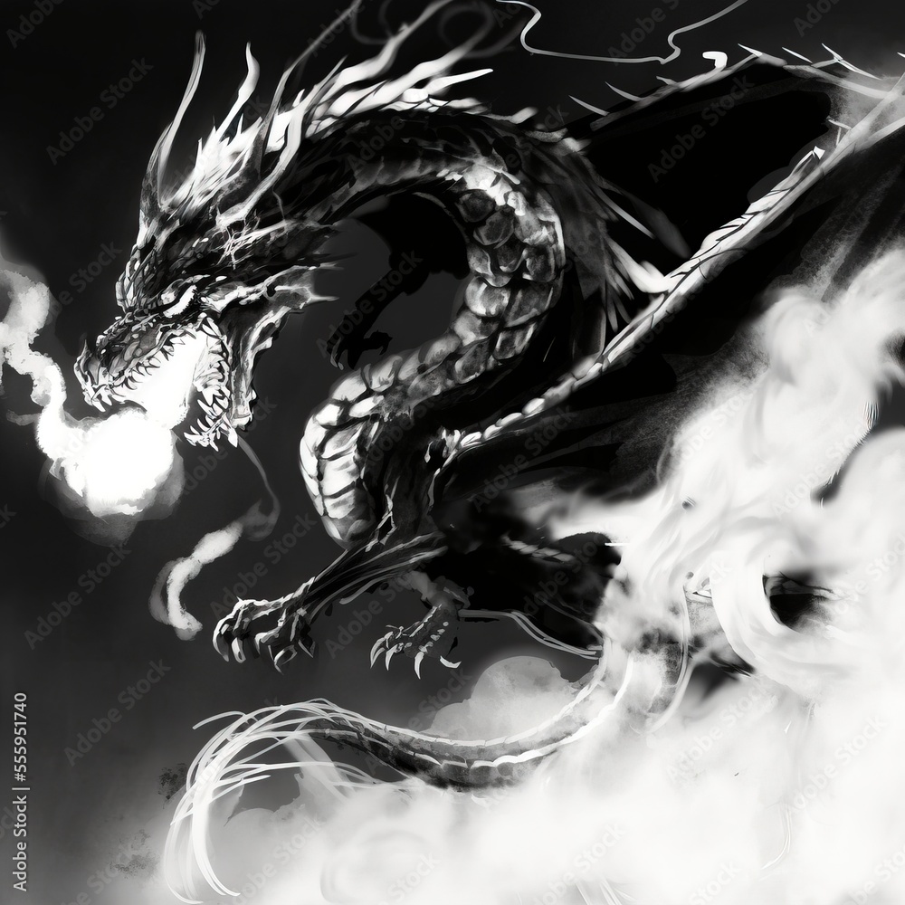 a black and white photo of a dragon with a light in its mouth and a ...