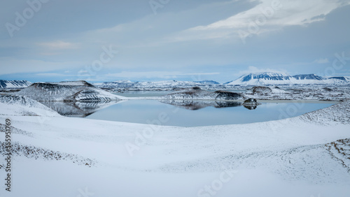 Skutustadagigar pseudocraters and lake Myvatn in winter, Iceland photo