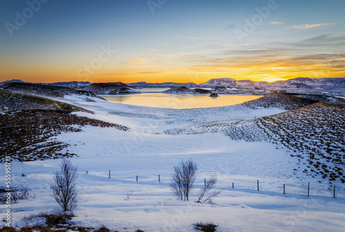 Skutustadagigar pseudocraters and lake Myvatn in winter, Iceland photo