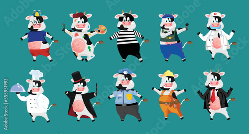 Vector Set Cute Cartoon Cow, Fun Collection Character Illustration Artwork, Bull Mascot Design