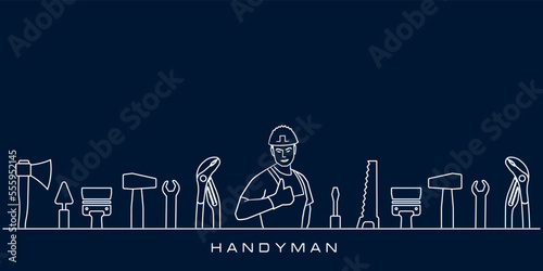 Professional handyman services. Vector banner template with worker, tools collection and text space.  Set of repair tools on dark blue background for your web site design, app, UI. EPS10.