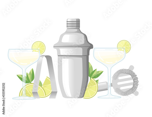 Two cocktails in glass with bar accessory tools steel shaker vector illustration on white background