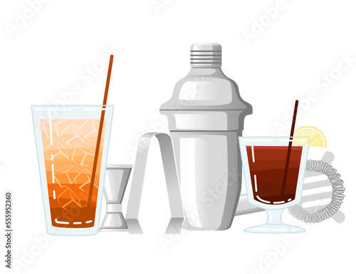 Two cocktails in glass with bar accessory tools steel shaker vector illustration on white background