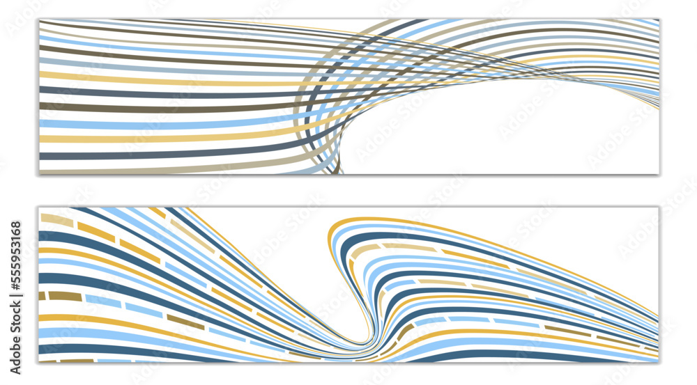 Wavy lines or ribbons. Set of 2 covers. Multicolored striped. Creative unusual background with abstract wave lines for creating a trendy banner, poster. vector eps Wavy lines or ribbons. Set of 2 covers. Multicolored striped. Creative unusual background with abstract wave lines for creating a trendy banner, poster. vector eps