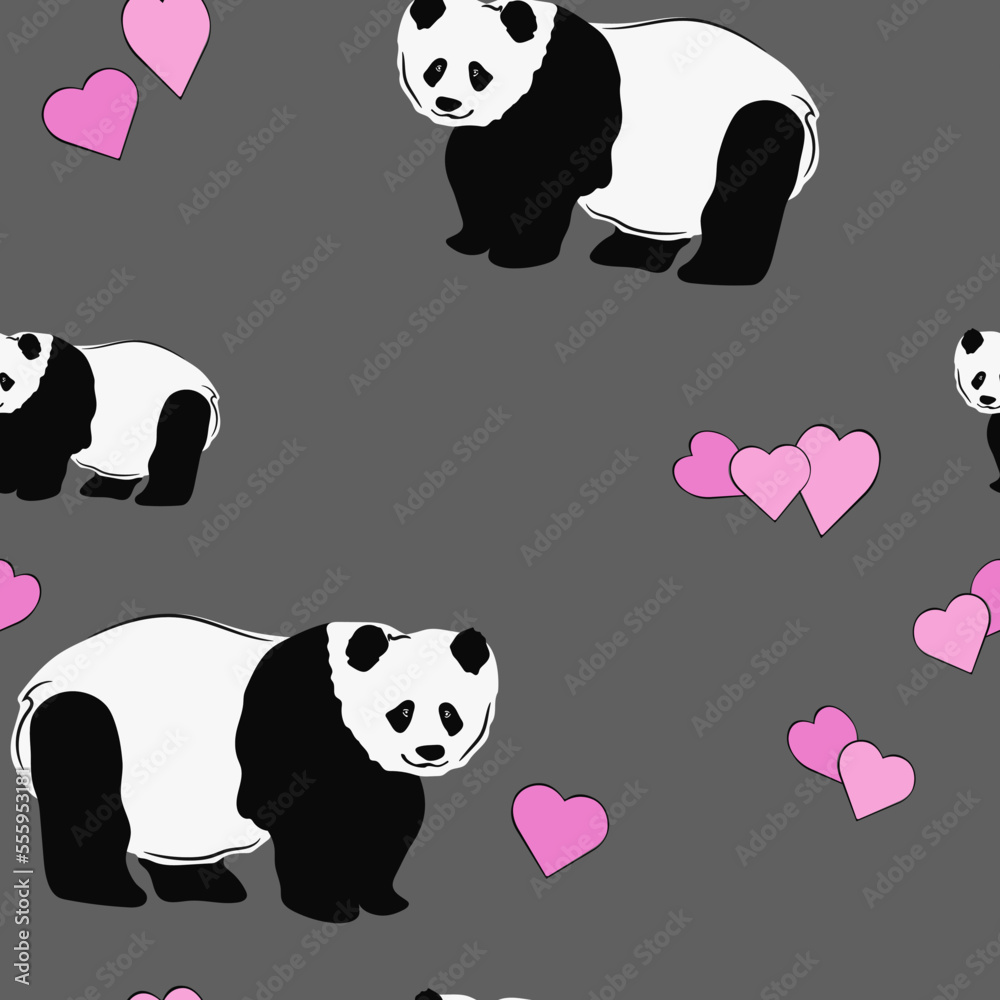 Obraz premium Panda seamless pattern with hearts. Packaging template, textile, clothing, bedding and wallpaper.